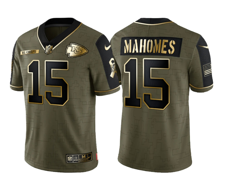 Men's Kansas City Chiefs #15 Patrick Mahomes 2021 Olive Salute To Service Golden Limited Stitched Jersey Men's Kansas City Chiefs #15 Patrick Mahomes 2021 Olive Salute To Service Golden Limited Stitched Jersey
